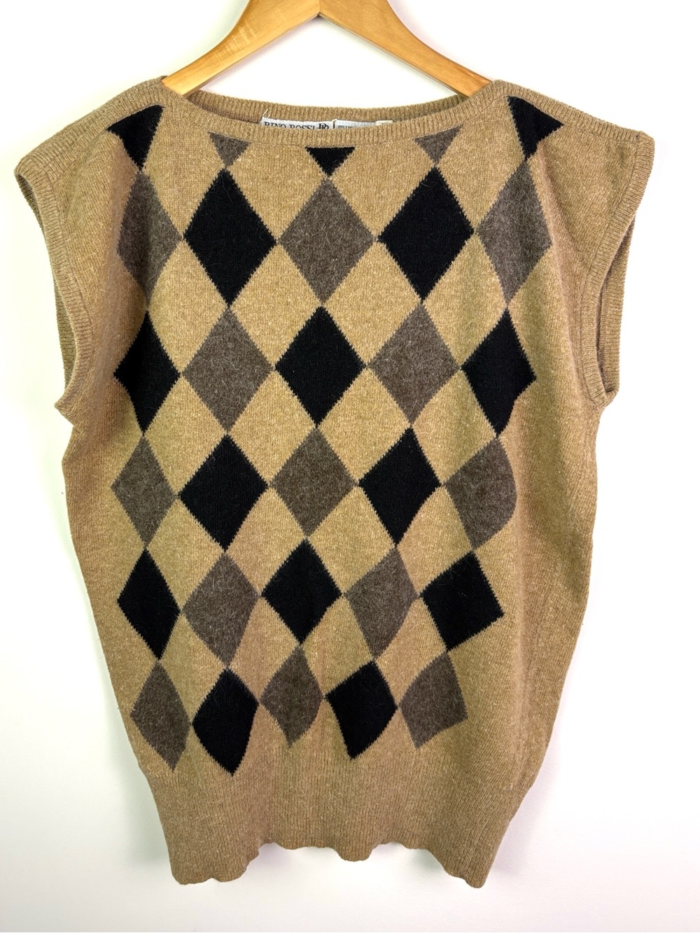 Vintage Rino Rossi Argyle wool blend knit argyle Vest Camel, Black,Gray size S